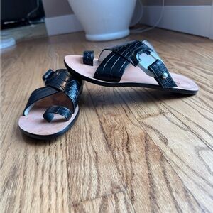 rag & bone Black Croc-Embossed Leather Toe-Loop Sandals